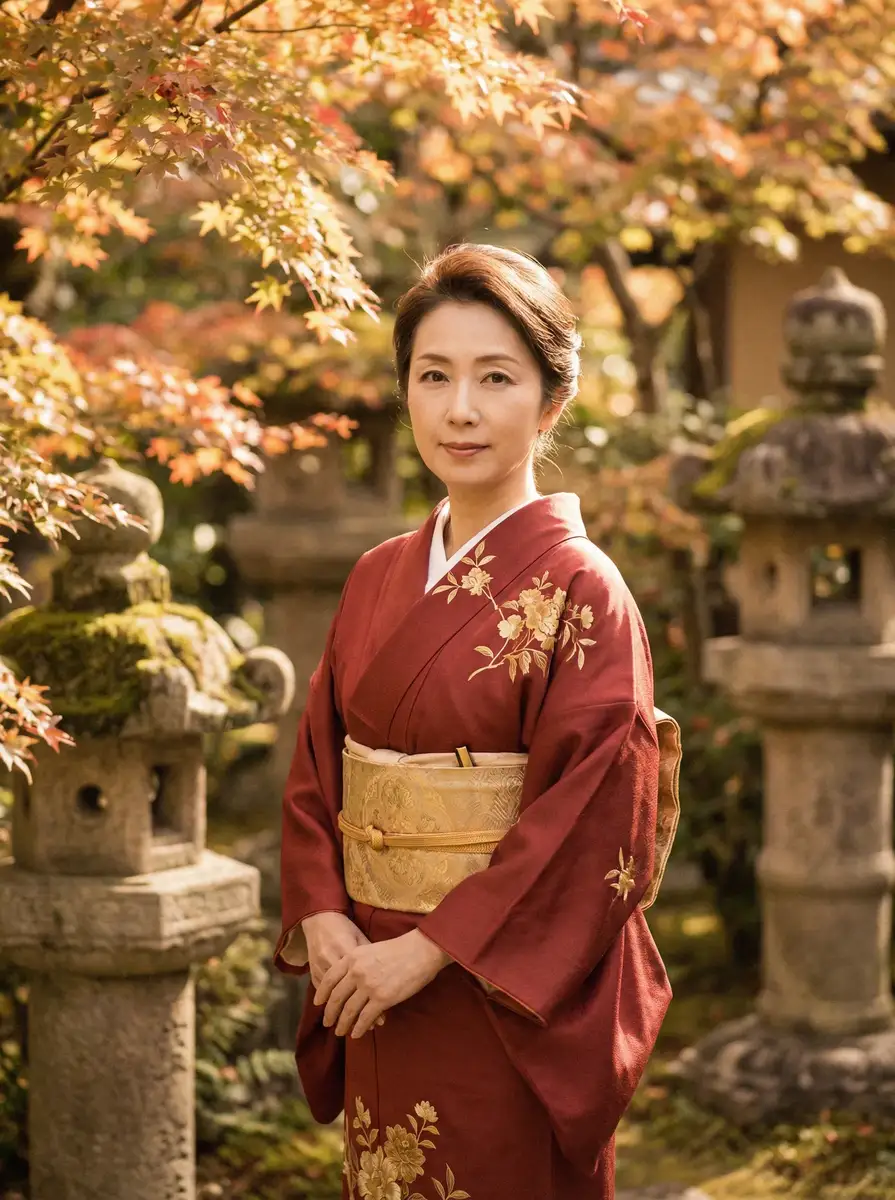 一位身穿暗红色和服的优雅 古东真理子 在日式庭院中