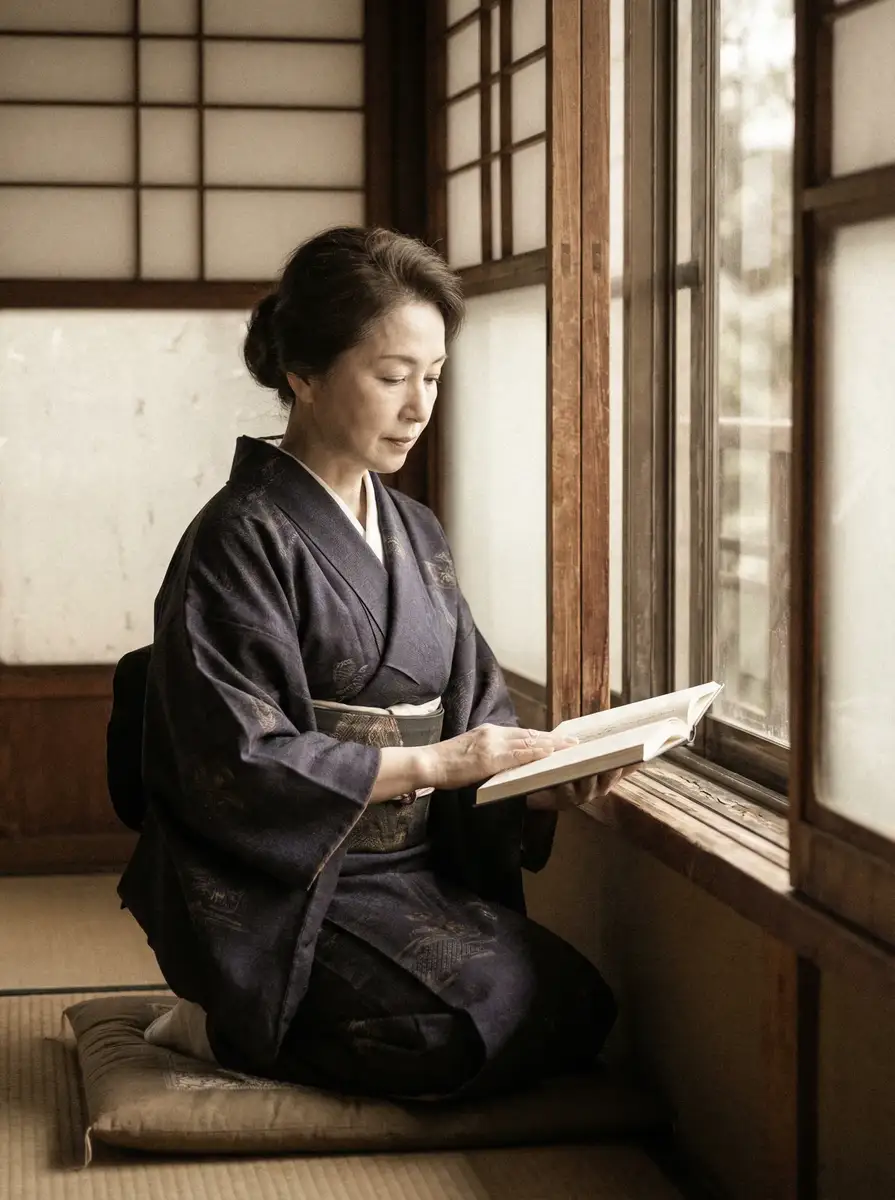一位优雅的五十岁 古东真理子 身穿深蓝色和服，在窗边静读