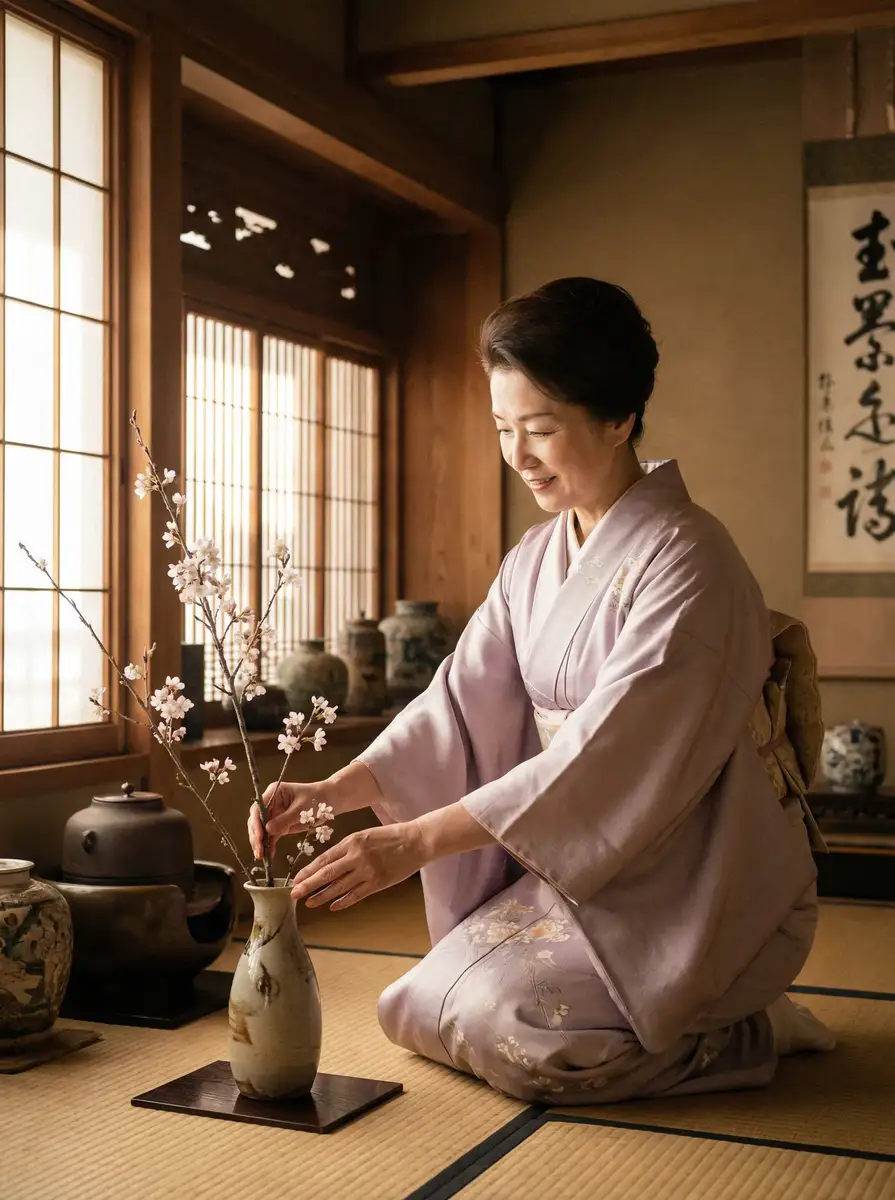 一位优雅的 古东真理子 在和室中插花